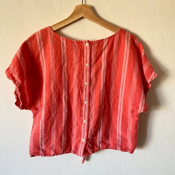 GAP Linen Blend Short Sleeve Tie Front Stripe Top - Picture 5 of 8